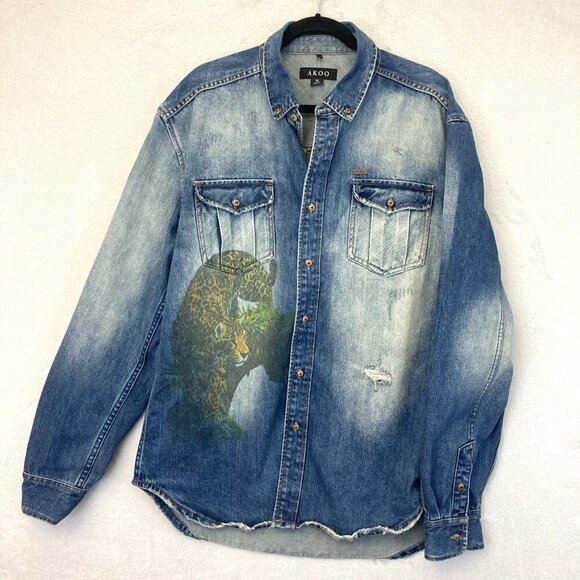 AKOO Denim Button-up Long Sleeve Shirt Jacket Mens XL Distressed Jaguar Leopard - Picture 1 of 15
